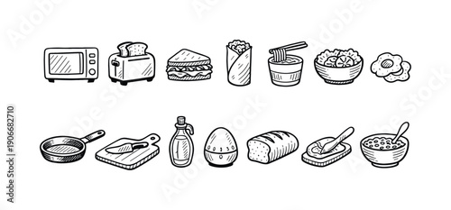 Microwave, Toaster, Sandwich, Wrap, Salad, Frying Pan, Timer, Bread