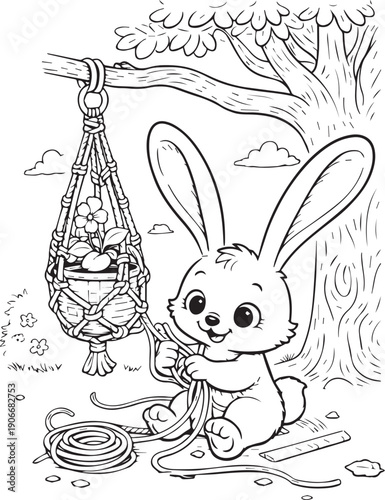 Black-and-white coloring page for children ages 3–5 featuring a cheerful bunny weaving a macrame plant hanger hanging from a tree. Large, simple details with a transparent background make it perfect f