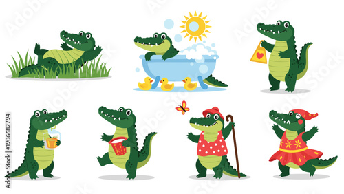Collection of cute cartoon crocodile characters in different poses such as bathing reading playing and wearing a dress.