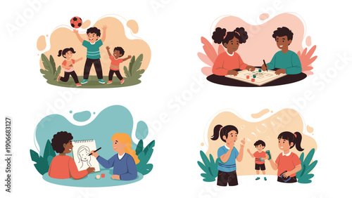 Collage of children enjoying different activities like playing soccer a board game drawing and blowing soap bubbles.