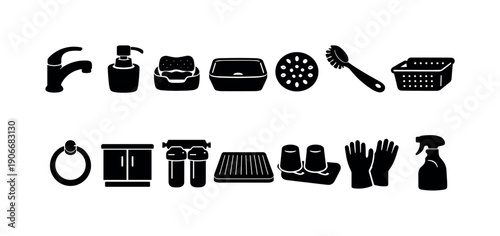 Kitchen and Bathroom Silhouette Icon Set. Featuring Faucet, Soap Dispenser, Sponge, Sink, Basket, Brush