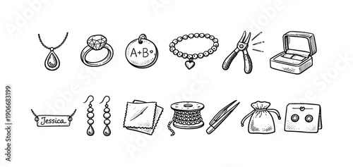 Jewelry Hand-Drawn Icon Set. Featuring necklace, ring, pendant, bracelet, pliers, box, earrings, and beads