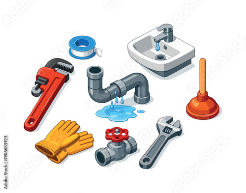Plumbing tools and fixtures isometric icon set. Includes sink, pipe, wrench, plunger, tape, and gloves
