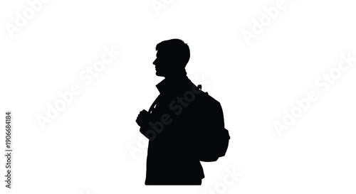 Silhouette of a man with a backpack facing toward the right side of the frame