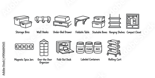 Home Organization Linear Icon Set. Featuring Storage Bins, Hooks, Drawers, Tables, Shelves, Closets, Jars