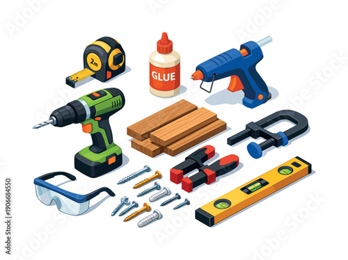 Carpentry tools isometric icon set. Featuring drill, tape measure, glue, screws, clamps, level, and wood