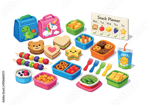 Colorful kids' lunch isometric icon set. Featuring sandwich, snack planner, juice box, and lunchbox icons