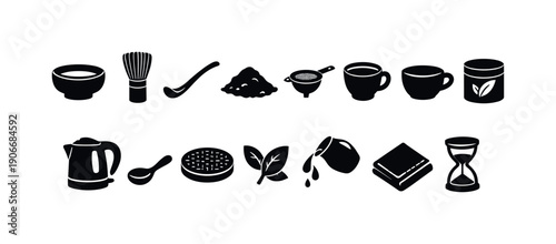 Tea Ceremony Silhouette Icon Set. Featuring Bowl, Whisk, Spoon, Leaves, Cup, Kettle, Sifter, and Hourglass