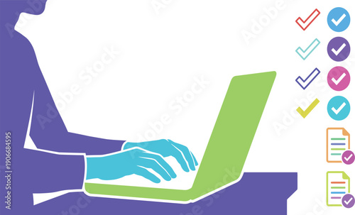 A cartoon businessman using a laptop computer with his hand to work and communicate online