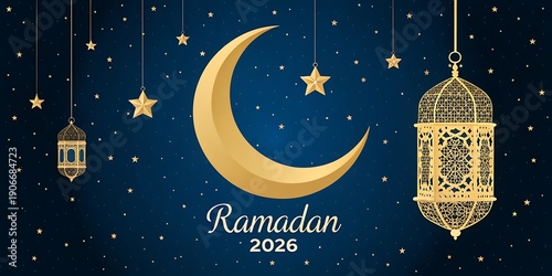 Celebrating ramadan 2020 with a crescent moon and lanterns under the starry night sky