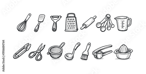 Kitchen Tools Hand-Drawn Icon Set. Featuring whisk, spatula, peeler, grater, rolling pin, and more kitchen gadgets