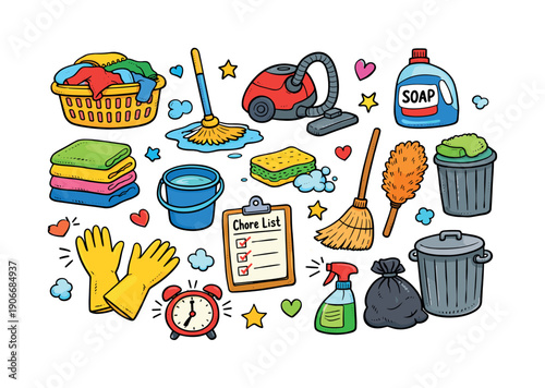 Colorful Cleaning Icon Set. Featuring vacuum, mop, gloves, detergent, sponge, dustbin, and chore list symbols