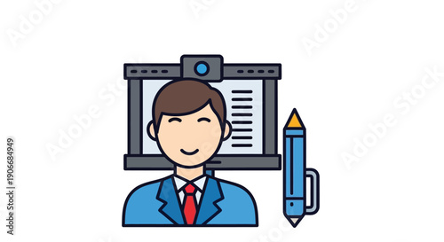 Online learning concept a student with a laptop and a writing utensil