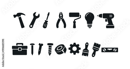 Construction equipment silhouette icon set. Featuring hammer, wrench, screwdriver, pliers, roller, bulb, drill