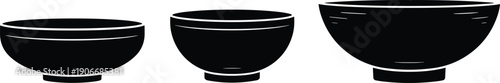 Black bowl silhouette set in different sizes, minimal kitchen tableware icons isolated on light background for food serving design