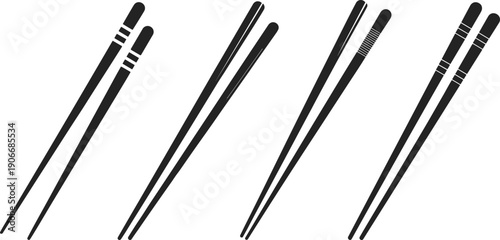 Chopsticks silhouette collection in different styles, traditional Asian dining utensil icons isolated on light background for food culture design