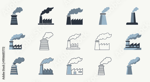 Industrial factory chimney icons, smokestack, pollution symbols, vector illustration for infographic, website or presentation
