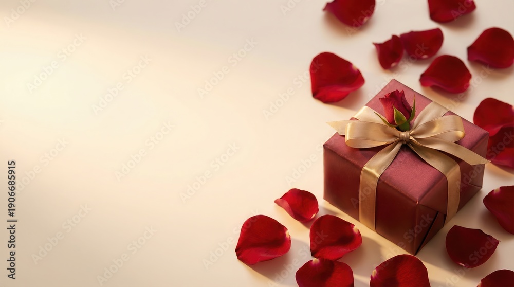 custom made wallpaper toronto digitalElegant red gift box with rose surrounded by rose petals on beige background
