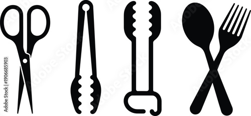 Kitchen utensil silhouette set with scissors, tongs, spoon, and fork icons isolated on light background for cooking and dining design