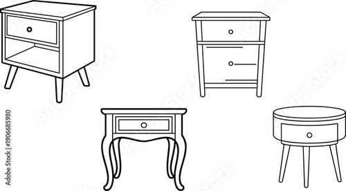 Set of bedside table and nightstand furniture line art illustrations isolated on white background, modern interior vector design elements