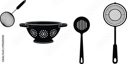 Set of kitchen strainer, colander and skimmer utensil silhouettes isolated on white background, cooking tools in simple vector illustration style