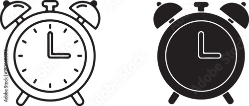 Black and white alarm clock with white background line solid fill