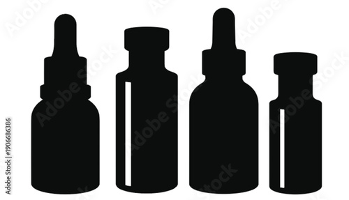 Silhouette collection of cosmetic and pharmaceutical bottles with dropper and screw-top lids, versatile packaging design for essential oils, serums