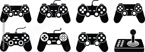 Video game controller and arcade joystick icon set in black silhouette style, gaming equipment symbols collection for entertainment design