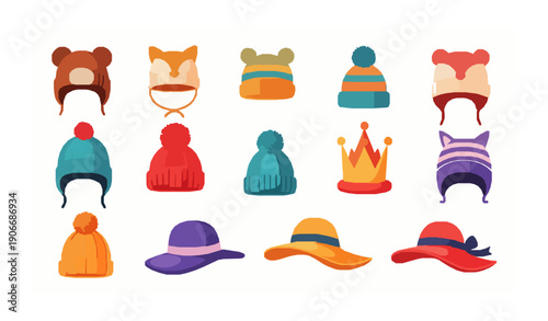 Cute Colorful Kids Hat Vector Set with Playful Cartoon Designs in Flat Style Isolated on White