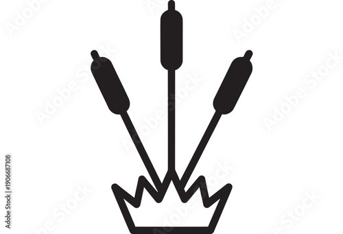 Reeds cattail plant icon with three stems and spiky marsh grass base, minimalist black silhouette symbol for wetland nature signage, logo design, and UI pictogram