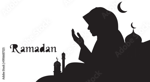 Woman praying during Ramadan with mosque silhouette and crescent moon