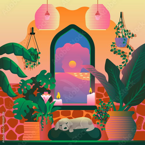 Tranquil creative interior scene with dog