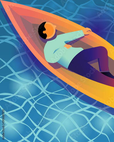 Man lying in row boat on clear water