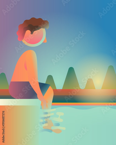 young boy sitting poolside with feet in the pool water