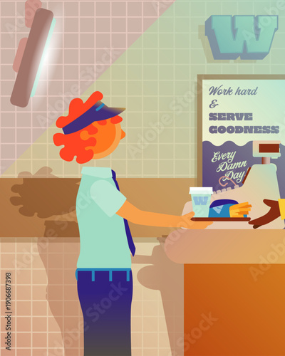 Young person with curly hair working in a fast food restaurant vector illustration