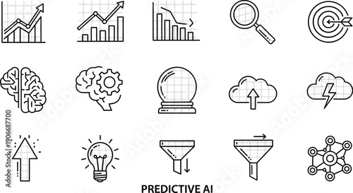 Collection of predictive AI icons featuring graphs, brain, and data analysis symbols in a grid layout