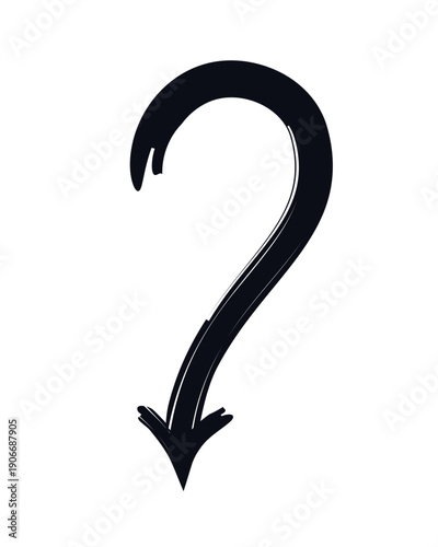 Curved question mark arrow bold thick stroke graphic element. Rounded top and sharp downward point. Visual query. Expressive grunge marker highlight pointer. Ink rough direction. Vector illustration