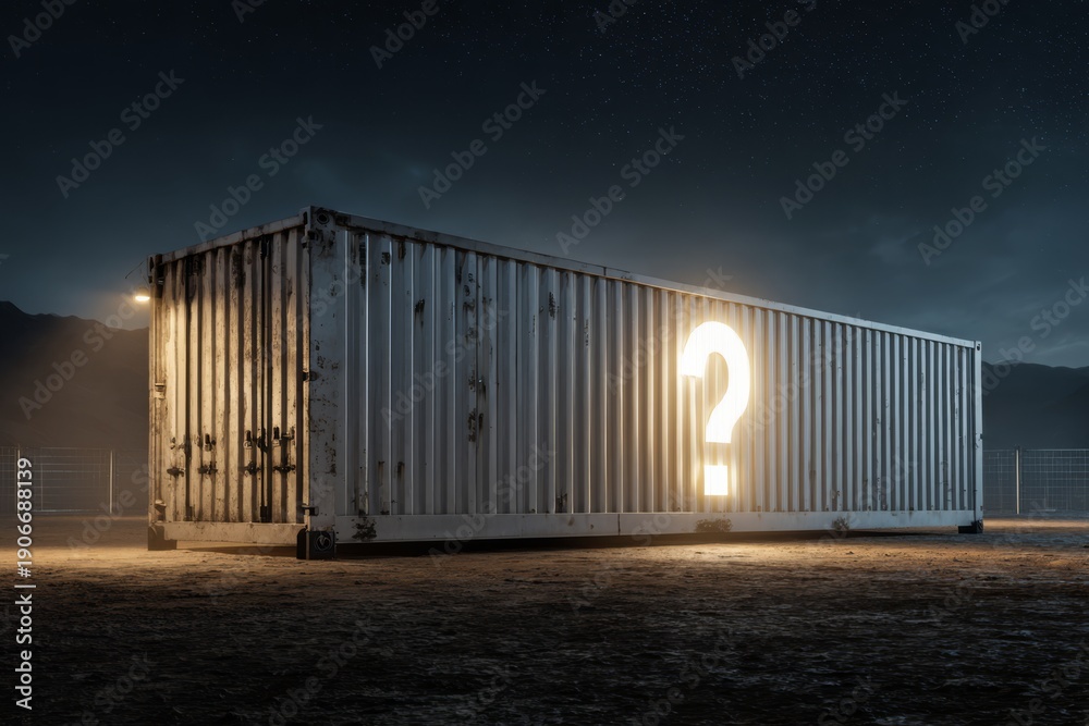 Obraz premium Large industrial shipping container at night, isolated, with a question mark icon