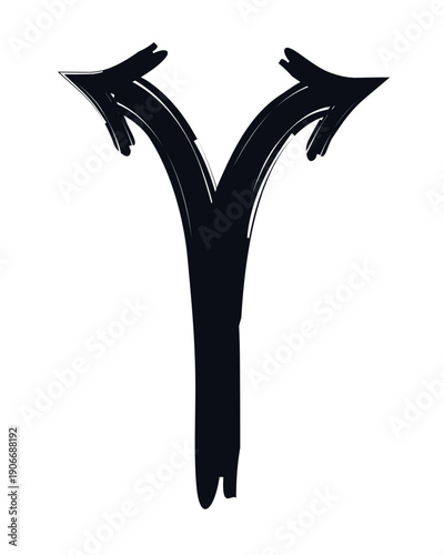 Two choices arrow bold thick stroke graphic element. Split into left and right curved paths. Branching forked. Expressive grunge marker highlight pointer. Ink rough direction. Vector illustration