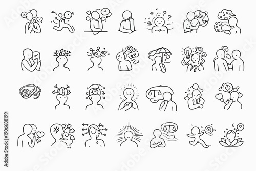 An illustration of mental health concepts depicted through simple line drawings of stick figures