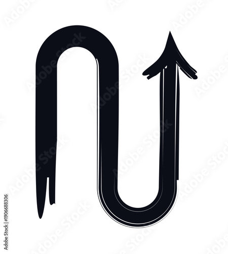 Smoothly bent arrow with U-turn shape bold thick stroke graphic element. Redirection icon. Sharp curved path. Expressive grunge marker highlight pointer. Ink rough direction. Vector illustration