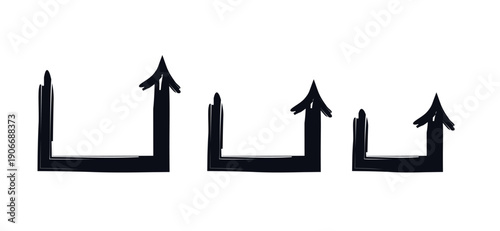 Half-square arrows upward-pointing bold thick stroke graphic element set. Geometric form. Right angle arrowhead. Expressive grunge marker highlight pointers. Ink rough direction. Vector illustration