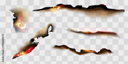 Fire on burnt paper edges. Frames with burn effect with yellow flame, black ash and scorched edges of pages or parchment sheets isolated on transparent background,