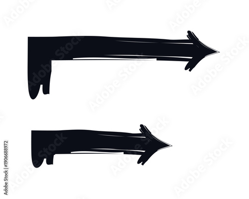 Right-angle arrows turning right bold thick stroke graphic element set. 90-degree bends pointing rightward flow. Expressive grunge marker highlight pointers. Ink rough direction. Vector illustration