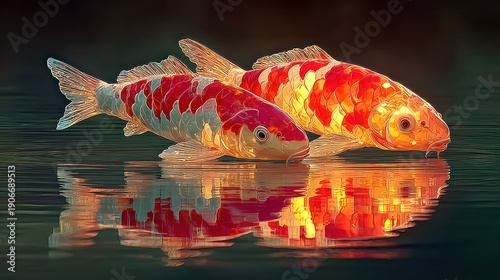 Wallpaper Mural Two vibrant koi fish swim in tranquil water with a mirrored reflection Torontodigital.ca