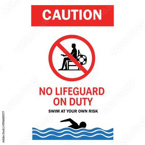 No Lifeguard on Duty Warning Sign Icon Vector. Caution Swimming at Own Risk Safety Symbol for Pool, Beach and Water Area