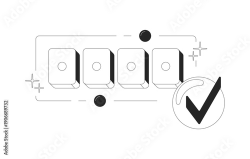 Correct code confirmation clean onboarding illustration. 4 digit input field with checkmark. Login verification success. UX design. Mobile UI app introduction. Black and white line vector concept