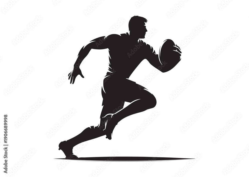 Fototapeta premium rugby union logo silhouette vector, rugby player silhouette vector illustration, rugby union sportsman logo silhouette, player running with rugby ball logo vector silhouette on white background
