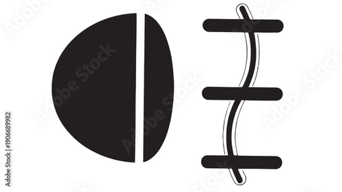 Football icon with stitched laces and panel seam in minimalist black and white flat design, isolated on white background for sports logo, app UI, web, print