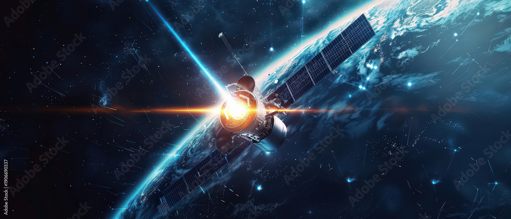 Fototapeta premium High-tech satellite orbiting Earth with illuminated solar panels and cosmic background, showing advanced space communication, global connection, and futuristic orbital technology.